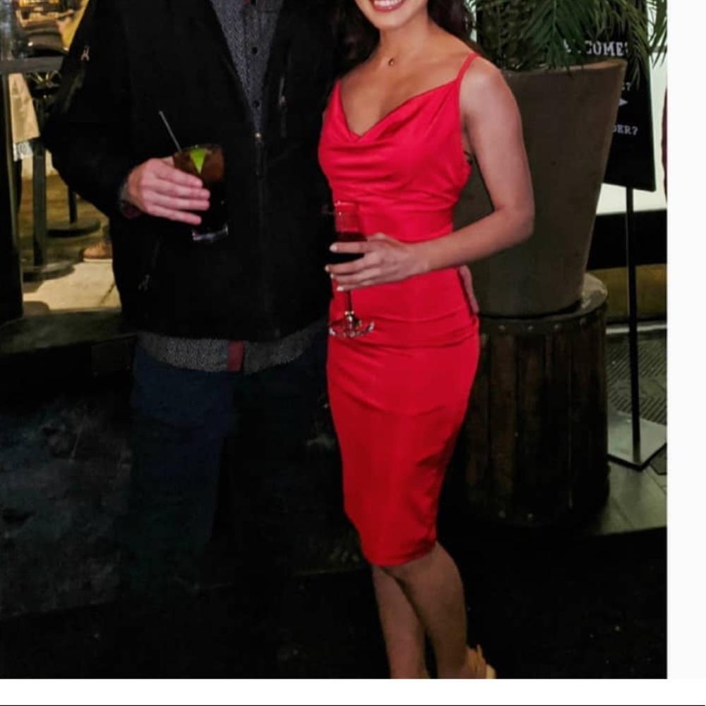 Windsor small red satin midi bodycon cowl dress